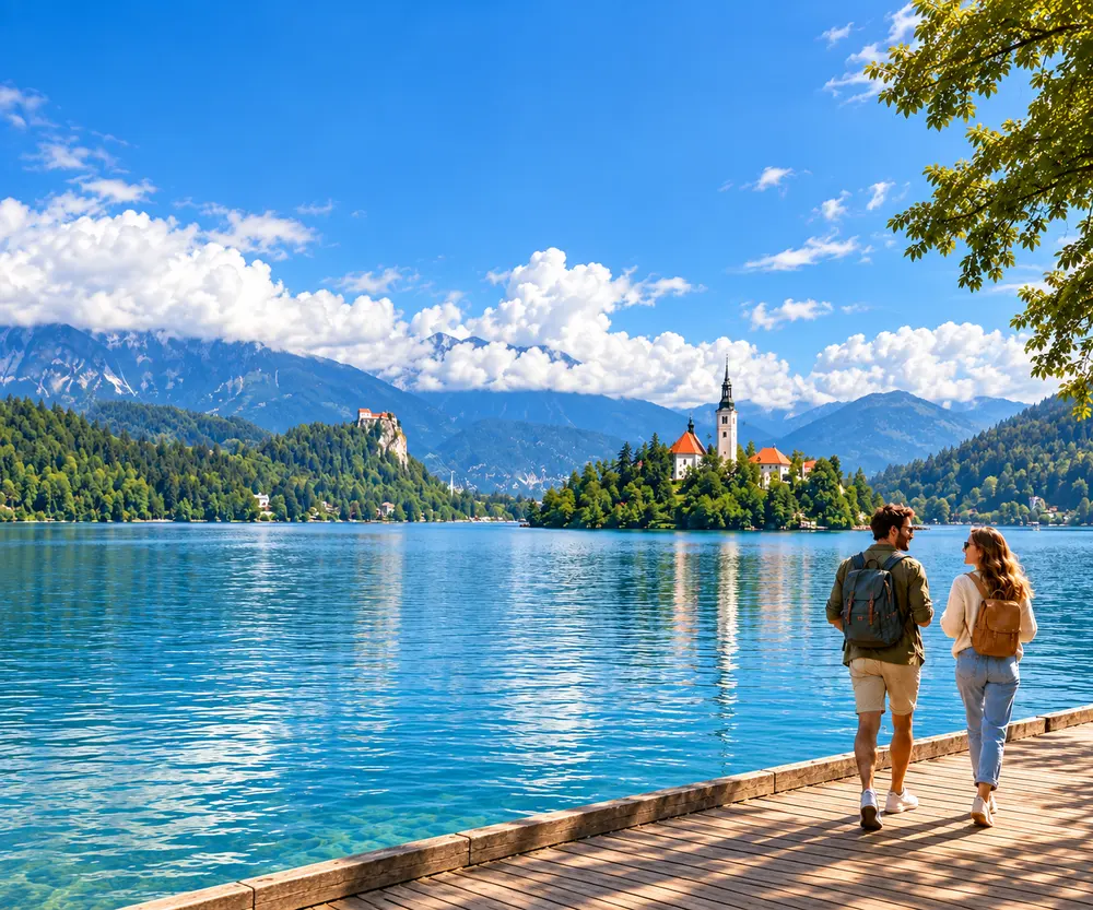 Walking along Lake Bled, with the island church behind